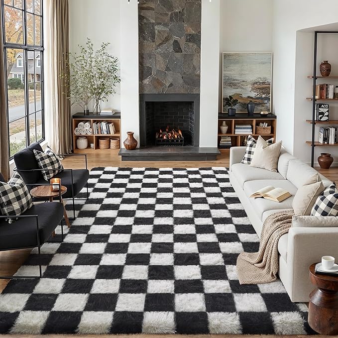 PureCozy Checkered Rug 6x9 for Living Room, Black and White Modern Shag Rugs Super Soft Washable Indoor Office Fuzzy Carpet Non-Slip Fluffy Rugs for Bedroom Home Aesthetic Decor