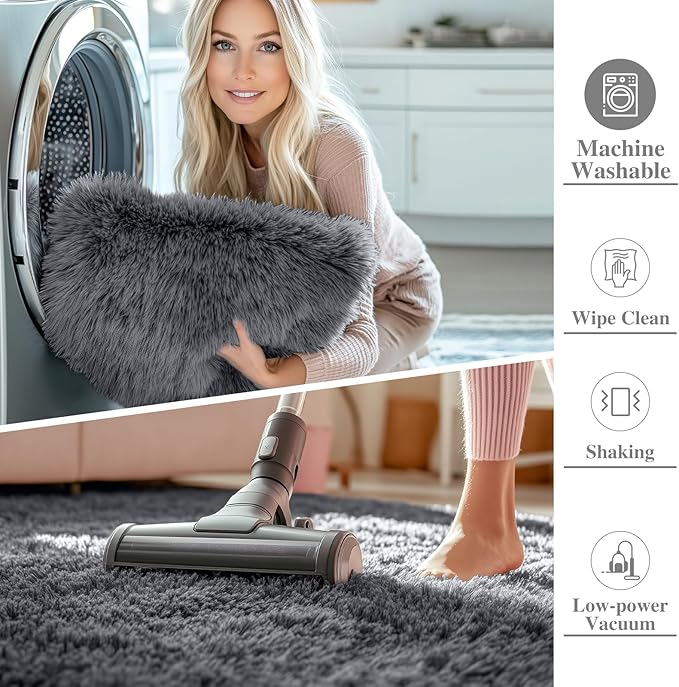 OLANLY 7x8 Machine Washable Large Area Rugs for Living Room, Bedroom, Soft Fluffy Shaggy Bedside Rug, Indoor Floor Carpet for Kids Girls and Boys, Dorms, Nursery, Home Decor Aesthetic, Grey