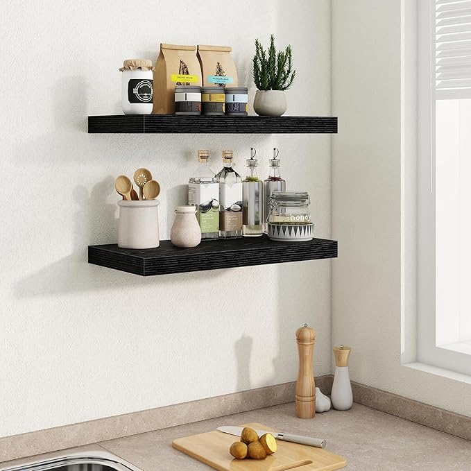 Fun Memories Black Floating Shelves 24 Inch Long, 9.3 Inch Deep Floating Shelf for Lving Room, Bedoom, Kitchen, Deep Wall Shelves for Bathroom, 2 Pack Storage Display Shelf for Books, Decors