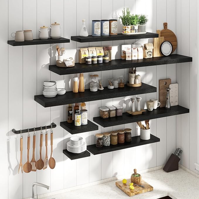 48 Inch Floating Shelves for Wall with Invisible Brackets Set of 2, 9"D Engineered Wood Wall Shelves with Wood Grain for Living Room, Bedroom, Bathroom, Kitchen Decor and Storage, Black Finish