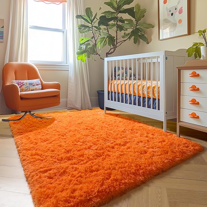 Amdrebio Orange Rugs for Bedroom Living Room, 5x7 Fluffy Fuzzy Area Rugs for Kids Room Decor Aesthetic, Cute Furry Plush Shag Carpet for Toddler Teen Girls Boys Baby Nursery Dorm Playroom Classroom