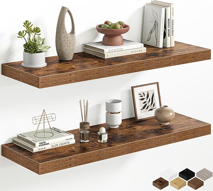36 Inch Floating Shelves for Wall, 12 Inch Deep Shelves for Bedroom, Kitchen, Bathroom Wall Mounted, Rustic Wood Floating Shelf with Invisible Brackets for Books, Storage, Decor, Brown, 2 Pack