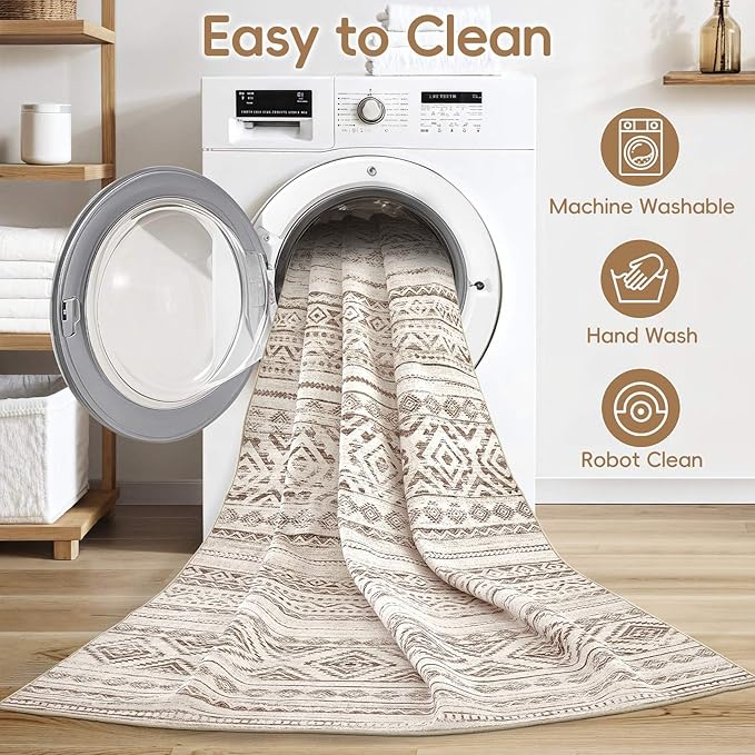 cotiled 8x10 Area Rug Living Room: Washable Boho Rugs with Non Slip Backing Large Soft Indoor Stain Resistant Carpet for Bedroom Farmhouse Dining Room Lightweight Home Decor Dark Brown