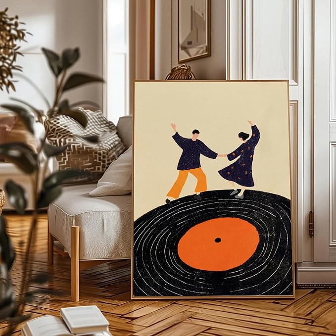 Retro Vinyl Record Canvas Wall Art Trendy Music Wall Art Music Dancing Couple Poster Funky Abstract Canvas Print Modern Pop Inspired Illustration for Home Bar Living Room Bedroom, 16x14inch Unframed