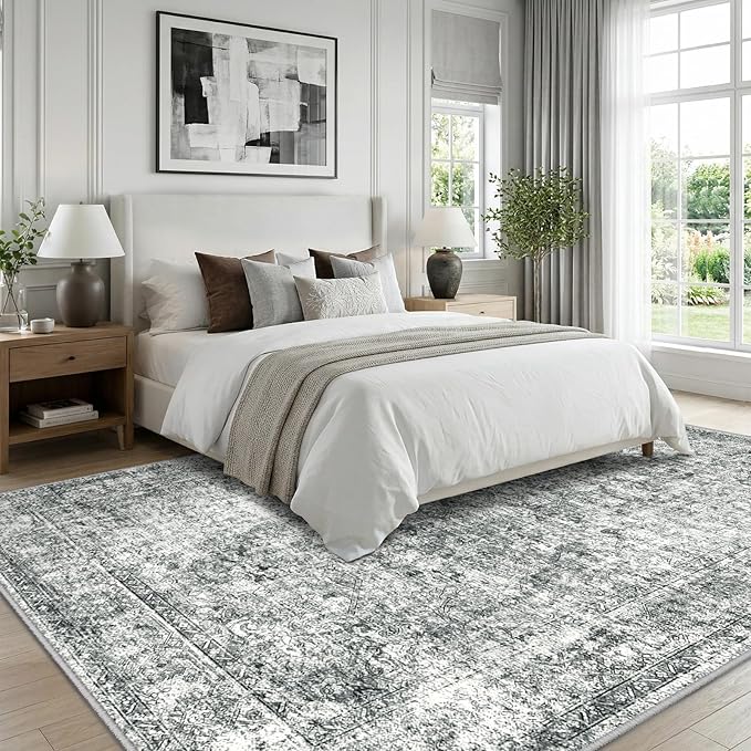 CAPALOCA Machine Washable Rugs Nursery Rug 5x7 Cute Girl Non Slip Low Pile Water Repellent Soft Print Pattern for Bedroom Indoor Decor Kids Playroom Grey