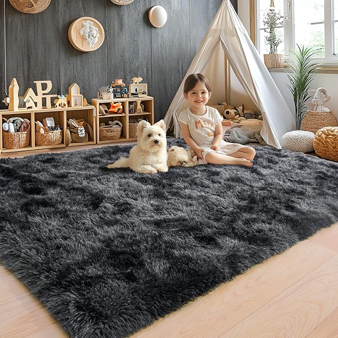 Area Rugs 9x12 for Living Room, Ultra Soft Fluffy Rugs for Bedroom, Non-Slip Furry Large Rug for Teen Girls and Boys,Nursery Kids Room Dorm Home Decor, High Pile Plush Floor Carpet, Dark Grey