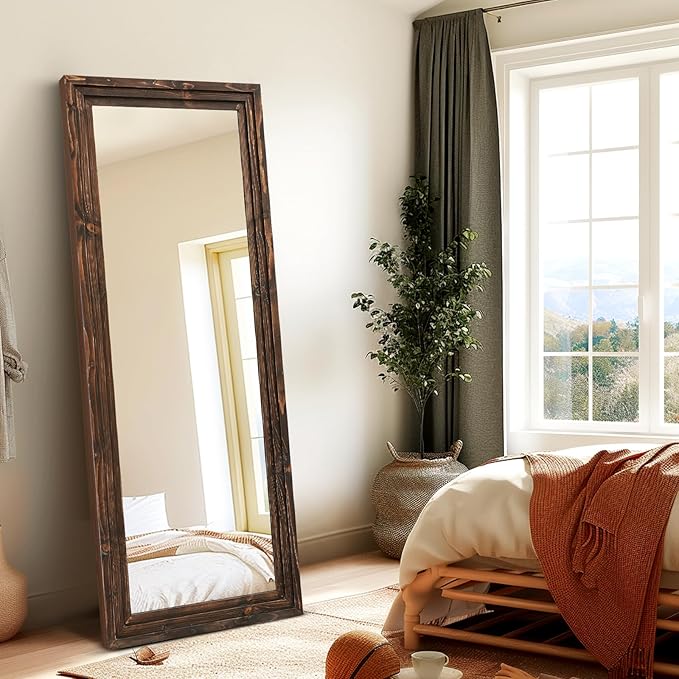 Full Length Mirror 58"x22" Solid Wood Frame Floor Large Mirror for Living Room, Bedroom Hanging or Leaning Wall-Mounted, Brown