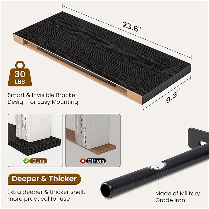 Fun Memories 24 Inch Floating Shelves, 9.3 Inch Deep Rustic Wall Shelves - Extra Deeper Wall Mounted Storage Shelves for Bathroom, Kitchen, Living Room (Black, Set of 2)