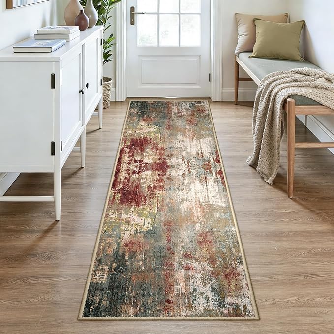 RELEANY Washable Area Rugs 3x8 Non-Slip Modern Abstract Soft for Living Room Entryway Bedroom Nursery, Print Pattern, Brown Rust Red Green Blue Multi