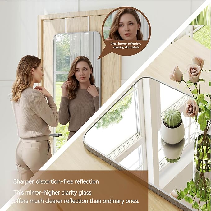 NARCISSUS 57x20 Mirror Door Hanging Full Length Body with Floor Stand or Wall Mounted Metal Aluminum Frame Tempered Glass Rectangle Mirrors for Bedroom Dressing Living Room Bathroom 57 inch Silver