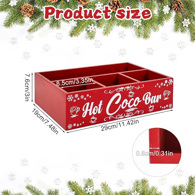 Christmas Hot Cocoa Bar Wood Coffee Station Organizer Countertop with 4 Compartment Decorative Christmas Cocoa Wood Storage Bin Vintage Open Holder Box for Home Kitchen Holiday Decor