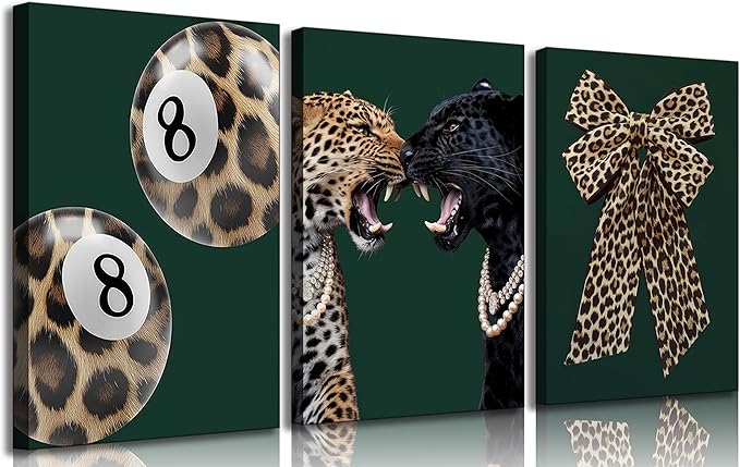 3Pcs Trendy Leopard Canvas Wall Art Funky Lucky 8 Ball Pictures Wall Decor Cheetah Bows Preppy Aesthetic Posters Prints Paintings for Bedroom Dorm Living Bathroom Decoration Prepare To Hang