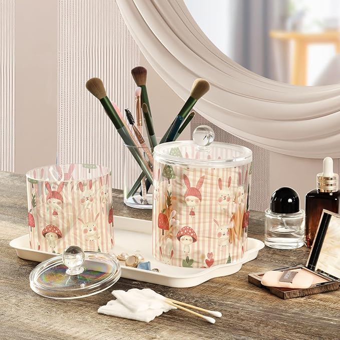 Childish Bunny Blush Color Stripe Clear Plastic Makeup Organizer Storage with lid Pantry Essentials Decorative small storage bins for Cotton Swabs,Cotton Pads,Floss Picks,Paper Clips,Hair