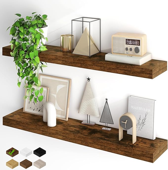Fun Memories Floating Shelves for Wall, 40Inch Floating Shelves Set of 2, Hanging Shelf with Invisible Brackets, Wood Shelves for Living Room, Bedroom, Kitchen, Brown