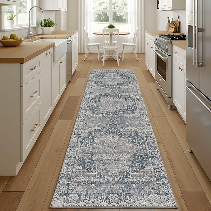 Rugxara 2'6''x8' Runner Rug, Washable Kitchen Rugs, Blue Boho Vintage Floral Hallway Runner, Non Slip Low Pile Area Rug Carpet for Hallway, Kitchen, Laundry Room and Bathroom(Blue 2.6x8ft)