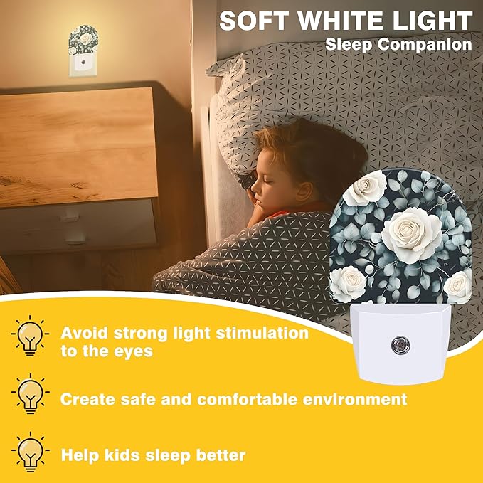 Night Light, Vintage White Rose Flower Night Lights Plug into Wall Dusk to Dawn Sensor Round Nightlight for Women Men Energy Efficient Led Lamp 0.5W for Stairway Hallway Bedroom