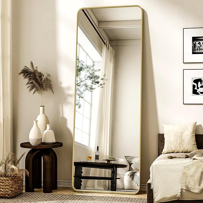 XRAMFY 56"x21" Floor Full Length Mirror Standing Full Body Rounded Corner Rectangle Mirrors with Stand Hanging Wall Mounted Leaning Bedroom Living Room Bedroom Cloakroom,Gold