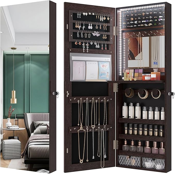 Wall-Mounted Full-Length Mirror with Storage Cabinet & Jewelry Organizer - Illuminated Makeup Locker for Bedroom, Dressing Room, or Bathroom - Stylish & Functional Design