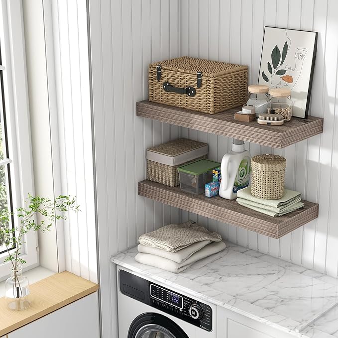 FLYJOE 30 Inch Floating Shelves | 12 Inch Deep Grey Floating Shelves Set of 2 | 30" W x 12" D Rustic Wood Shelves for Wall | Deep Grey Shelves for Living Room Bathroom Laundry Room Kitchen