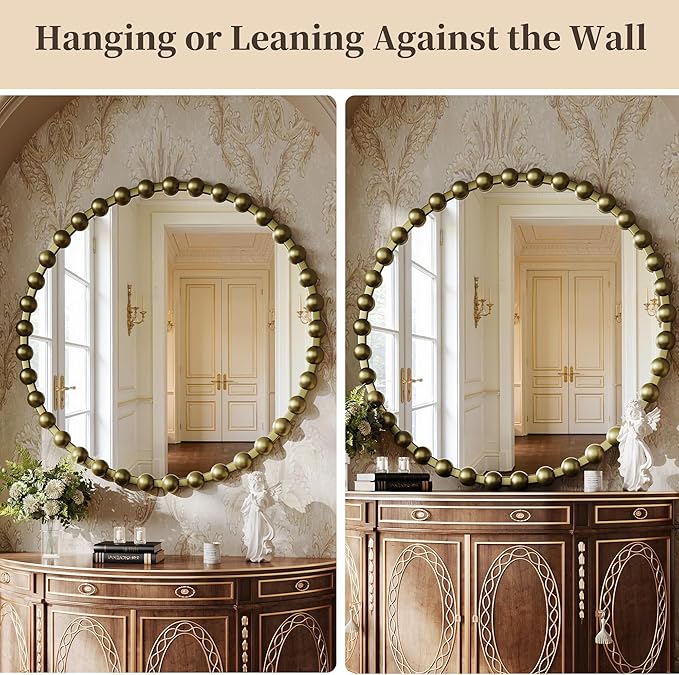 Round Vintage Vanity Mirror, 36 Inch Beaded Frame Circle Wall Mirror for Bathroom, Bedroom Dresser, Entryway, Living Room, Decorative Hanging Wall Mirror, Bronze