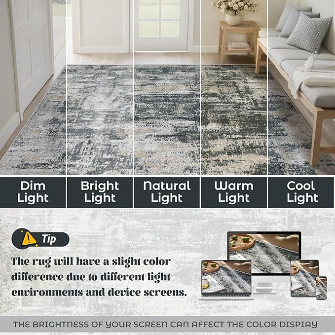 XLUEZ 5x7 Area Rugs for Living Room, Washable Modern Abstract Large Area Rug Neutral Soft Non Slip Kids Rug Stain Resistant Indoor Carpet for Bedroom Nursery Dining Room Playroom(BlackGreyGold,5'x7')