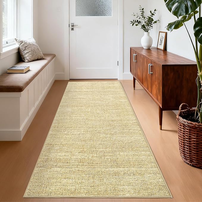 Washable Runner Rug 2x6 Modern Solid Color Kitchen Runner Mat Minimalist Plain Long Runner Rug for Entryway Bedroom Bedside Non Slip Low Pile Boho Accent Solid Runner Rugs for Nursery, Tan 2'x6'