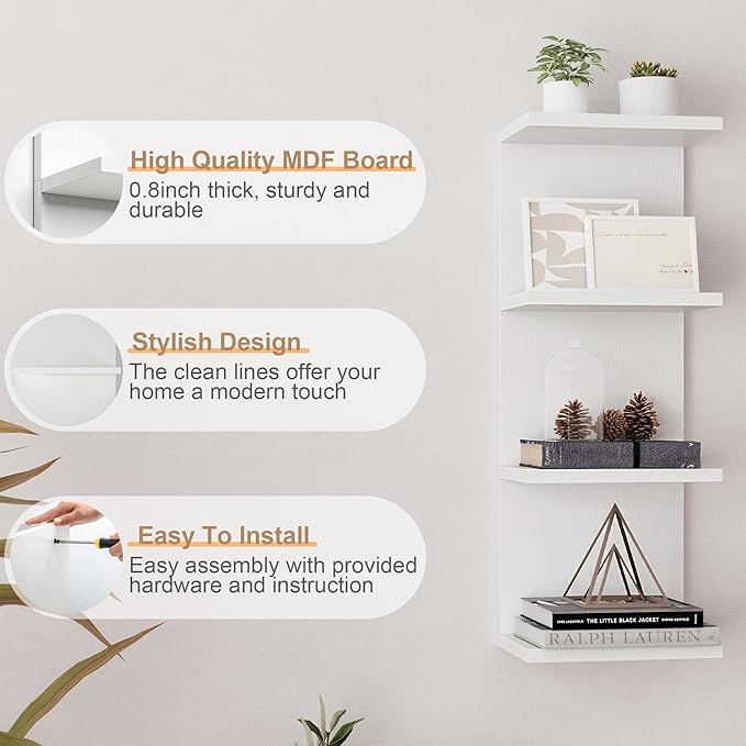 Fun Memories 4 Tier Wall Shelf Unit, Vertical Floating Shelf, Wall Mount Lack Shelving Home Decor Organizer Tall Tower Design Utility Shelving for Bedroom Living Room, White