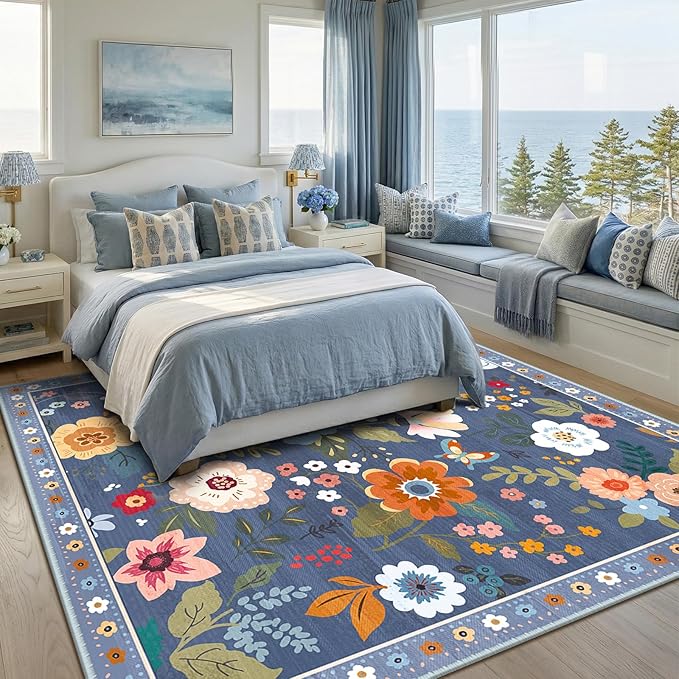 RELEANY Floral Nursery Square 8ft Area Rugs Washable Print Boho Cute Carpet Non Slip Flower Low Pile for Living Room Kids Girls Playroom Bedroom Kitchen Office Farmhouse-Blue/Grey