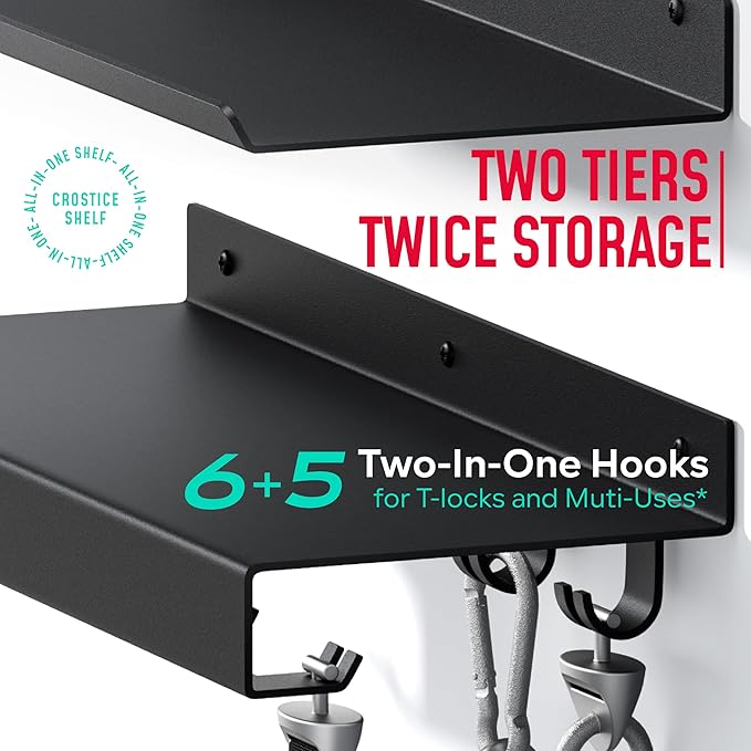 2-Tier Metal Shelf Compatible with Tonal Accessories, Floating Shelf Organizer for Home Gym Storage, T-Locks Adapter Bracket Hanger, Gym Rack Wall Mounted with Hooks, Workout Storage Holder
