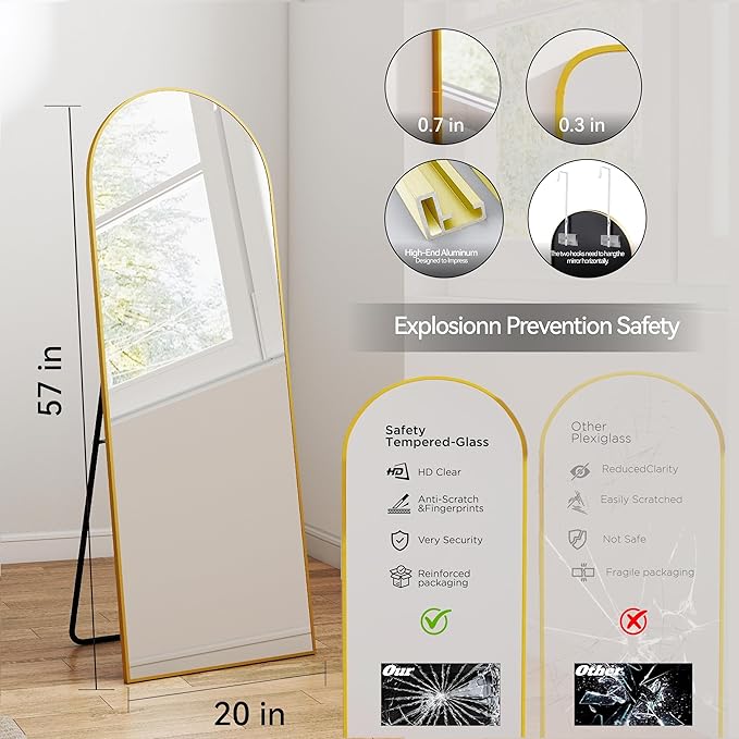 SCWF-GZ 57x20 Door Hanging Full Length Mirror, Floor (Height 5.7ft just Body in1.3ft) or Wall Mounted Metal Frame Arch Dressing Mirrors for Bedroom Bathroom Living Room 57 20 inch Gold