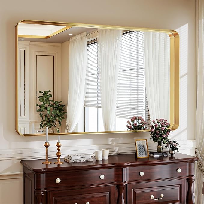Bathroom Mirrors for Over Sink 30 x 48 Inch Rounded Corner Rectangle Bathroom Vanity Mirror Bathroom Mirror for Wall Hangs Horizontally or Vertically for Living Room Bedroom Entryway Gold