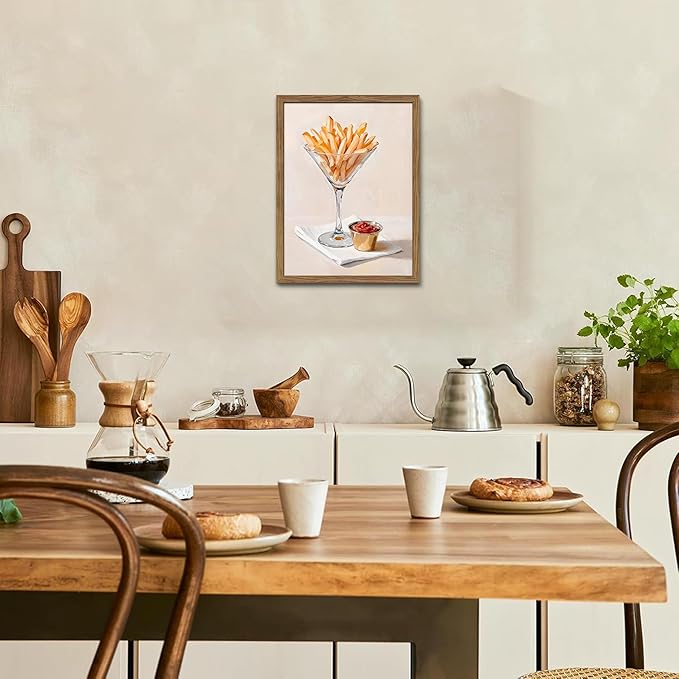 Modern Kitchen Wall Art,Funny Fries in Glass Canvas Wall Decor Painting, Vintage Minimalist Fries Ketchup Food Artwork Prints Pictures for Dining Room Kitchen Decor 12X16 Inch Wood Framed