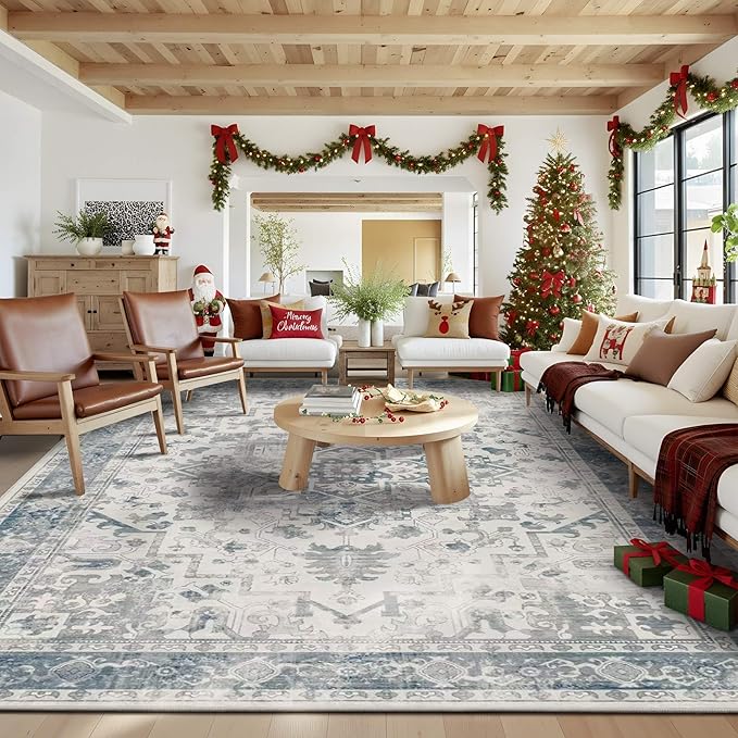 Rugxara 10x14 Extra Large Washable Area Rug, Soft Neutral Vintage Boho Rug for Living Room, Bedroom, Office, Farmhouse, Low Pile Imitation Wool Non Slip Carpet Ideal for High-Traffic Areas, Blue Grey