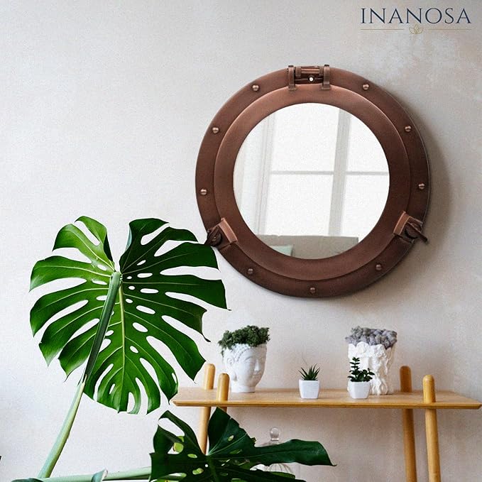 8 Inch Bathroom Wall Decor Ship Porthole Mirror with Copper Finish – Vintage Round Wall Mounted Mirror for Bathroom Vanity, Nautical Pirate Coastal Vintage Home Décor
