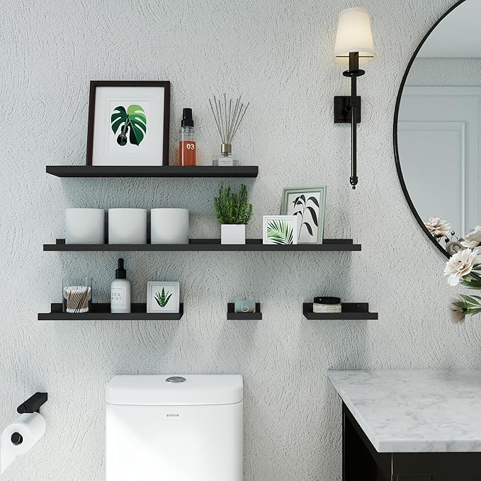 Small Black Floating Shelves for Wall Decor, Wall Mounted Wood Shelf for Bedroom, Living Room, Bathroom, Kitchen, Nursery, Mini Display Ledge Shelf with Lip Set of 2-4 Inches, Black