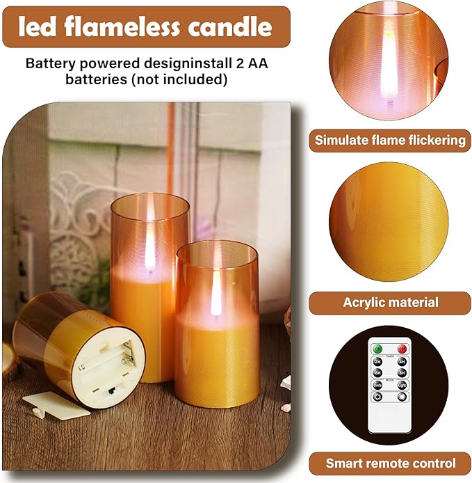 kakoya Flameless Candles Upgraded Realistic Flickering Flame,Battery Operated LED Candles with Remote Timers,Acrylic Electric Candles Set of 3(D 3" xH 4" 5" 6")（Gold）