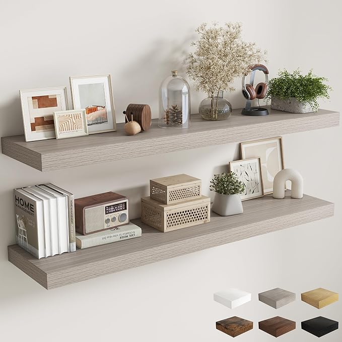 Fun Memories 12 Inch Deep Floating Shelves, 60 Inch Long Extra Large Floating Shelves for Home & Office, Wall Shelves with Invisible Bracket, Grey, Set of 2