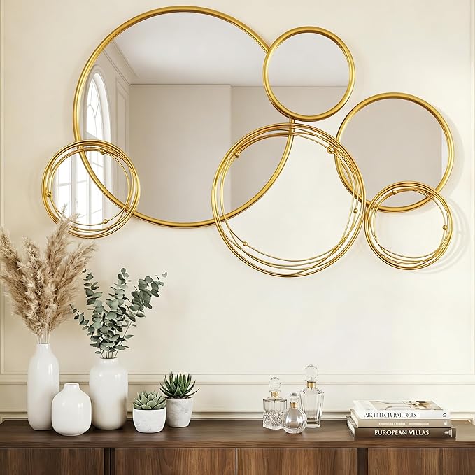 Wall Mirror Decor 35'' x 21'' Round Modern Mirror Art Metal Wall Mirrors Set for Living Room Circle Plates Overlapping Decorations for Hallway Entryway