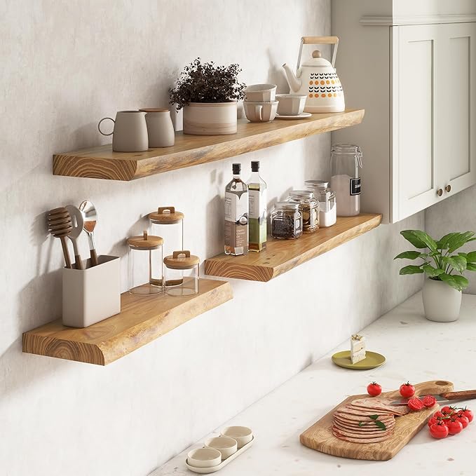 Venusmiles Live Edge Elm Floating Shelves for Wall Decor, Rustic Solid Wood Shevles Wall Mounted with Invisible Bracket for Living Room Bathroom Bedroom Kitchen, 36 Inch Set of 2, Natural