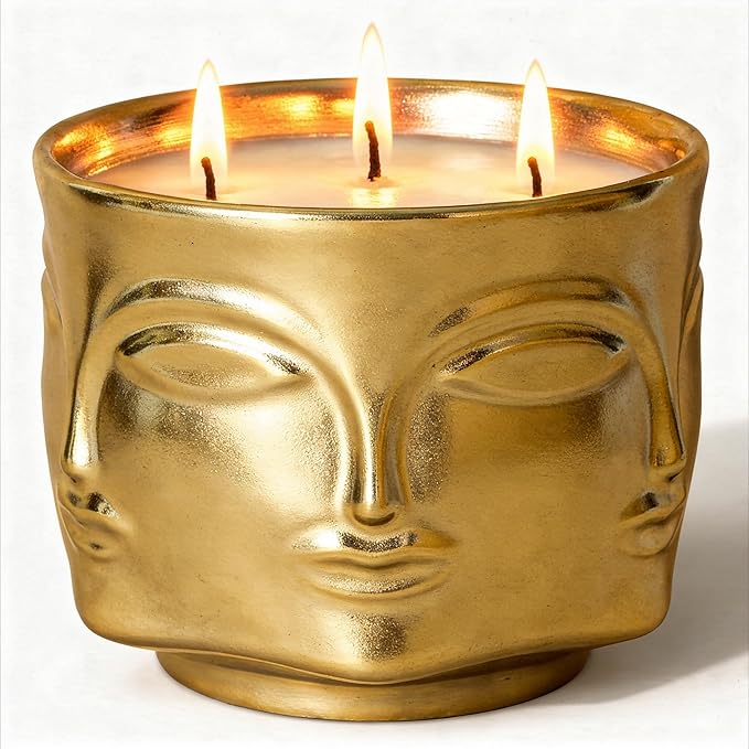Viyffo 3 Wick Large 20oz Decorative Gold Scented Candle – Vanilla Dreamscape & Spring Spice, Non Toxic Soy Candle in Matte Ceramic Jar, Luxury Home Fragrance, Elegant Spring Décor & Unique Gift