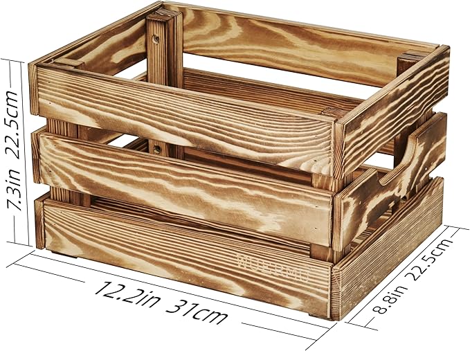 Flame-Treated Wood Crates, Rustic Brown Storage Boxes Set of 4 for Organization, Tool Storage, Wine or Camping, 12.2 Inch Multi-Purpose Crate.