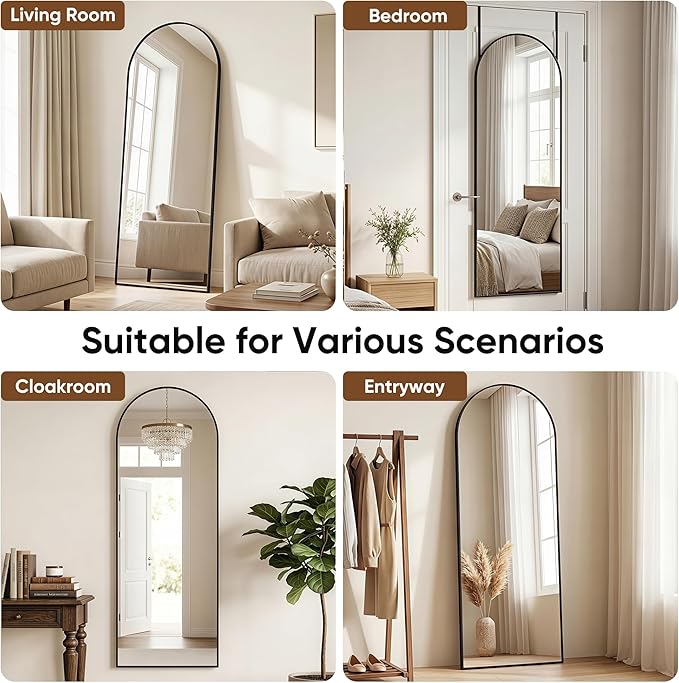58"x20" Over The Door Mirror, Arched Full Length Mirror with Aluminum Frame, Adjustable Hooks, Wall Mounted or Standing for Bedroom Living Room, Black