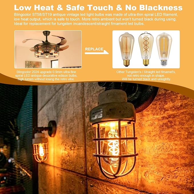 BLINGCOLOR E26 LED Vintage Edison Light Bulbs 40W Equivalent, 4W Dimmable E26 LED Edison Bulb 2200K Amber Warm Light Bulb, ST58 Antique Spiral Decorative Bulb for Pendant Light Fixture, CRI90, 4 Pack