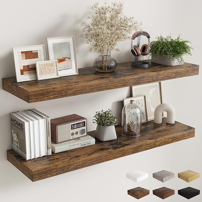 Fun Memories 12 Inch Deep Floating Shelves, 48 x 12 Floating Shelves for Wall Set of 2, Extra Deeper Hanging Wood Wall Shelves for Bedroom, Living Room, Kitchen, Rustin Brown