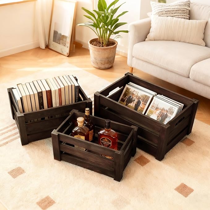 Wooden Crates for Storage and Display - Set of 3 Heavy Duty Nesting Wood Crates, Rustic Farmhouse Decorative Storage Boxes for Shelves, Pantry & Home Organization (L/M/S)