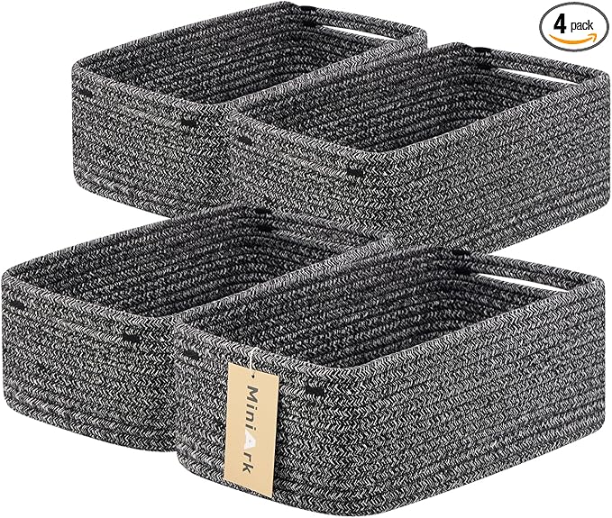 MiniArk Small Storage Baskets for Organizing | Closet Organizer Bins | Shelf Toy Basket | Woven Rope Baskets | Cube Decorative Box | Shallow Basket | 13x8.5x5.1” | 4 Packs Dark Gray