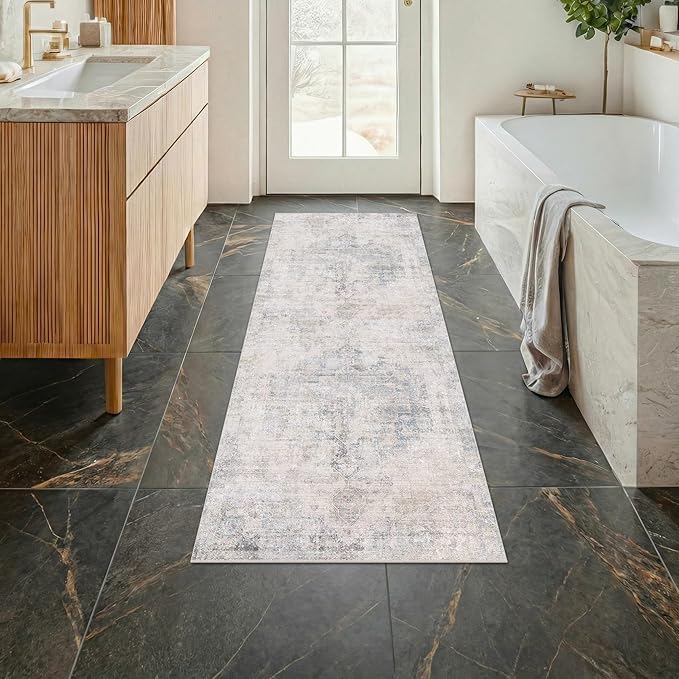 Hazo Haus Light Blue 2x5 Bathroom Runner Rug, Non-Slip Washable Runner for Kitchen, Laundry Room & Hallway, Abstract Design with Tan Accents, Eclectic Décor
