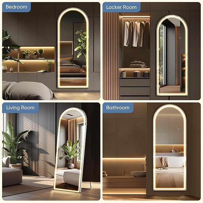 DUMOS Arched Full Length Mirror with Light- 26"×70" LED Floor Standing Mirror with 3 Color Lights & Wall Mounted for Bedroom, Dressing Room, Living Room, Bathroom