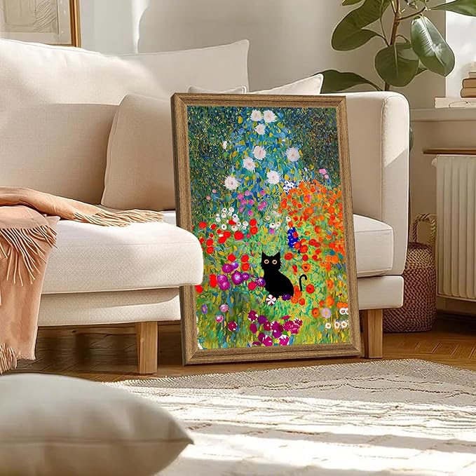 Fantasy Artists Gustav Klimt Canvas Wall Art, Framed Aesthetic Cat Floral Wall Decor, Garden Flower Black Cat Poster Paintings for Living Room Bedroom Bathroon, Dorm Home Decorations, 20" X 30"