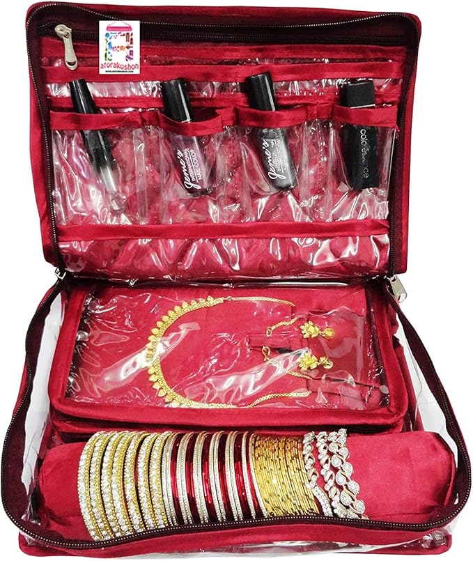 atorakushon Jewelry Travel Organizer Case Transparent Storage Zipper Locker Box Pouch for Necklaces Earrings Rings Bracelets Maroon